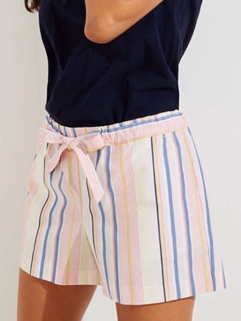 ANN TAYLOR LOFT Striped Tie Waist Shorts Pink White Blue 100% Cotton Boho Small - Picture 3 of 15